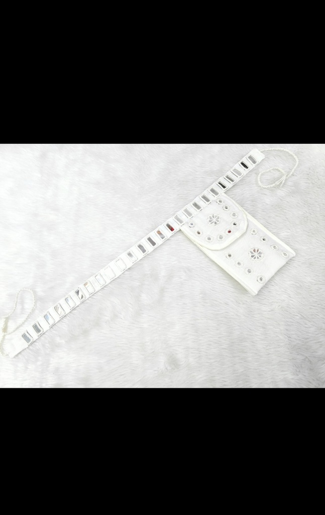 Mirror work waist belt with attached mobile pocket