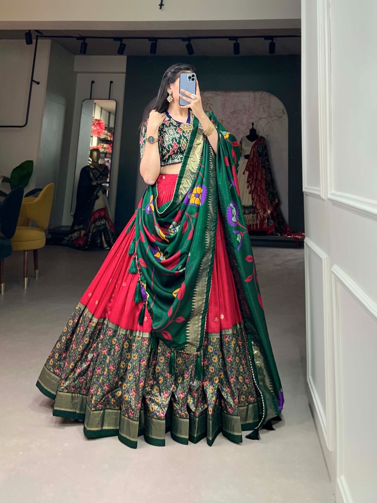 Red-Tussar Silk Foil Work Lehenga
