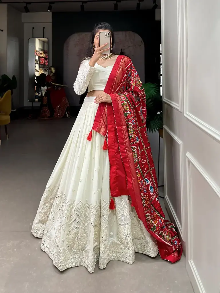Georgette Lucknowi Lehenga choli(Red Dupatta)