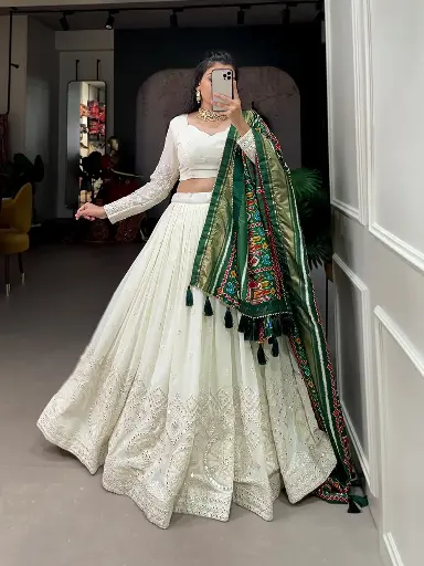 Georgette Lucknowi Lehenga choli(Green Dupatta)