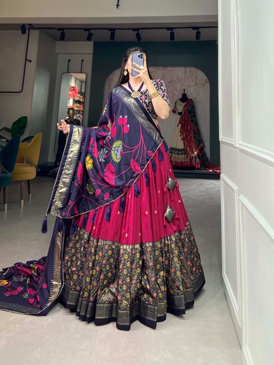 Tussar Silk  Foil Work Lehenga-Pink
