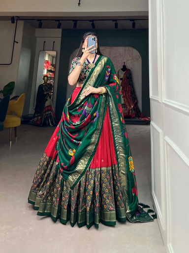 Red-Tussar Silk Foil Work Lehenga