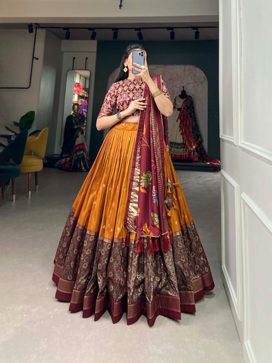 Golden-Tussar Silk  Foil Work Lehenga