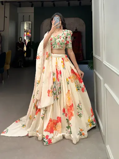 White Georgette Floral Print Lehenga Choli