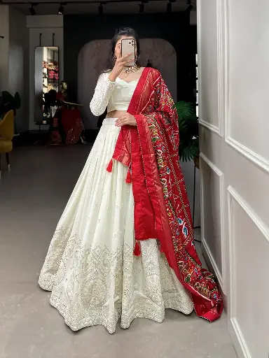 Georgette Lucknowi Lehenga choli(Red Dupatta)